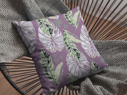 16” White Purple Tropical Leaf Suede Throw Pillow
