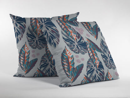 18” Blue Gray Tropical Leaf Suede Throw Pillow