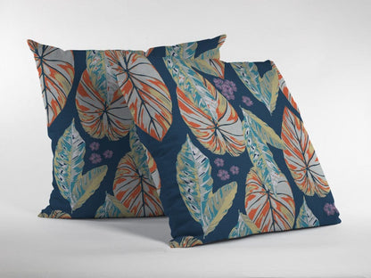 18” Orange Blue Tropical Leaf Suede Throw Pillow