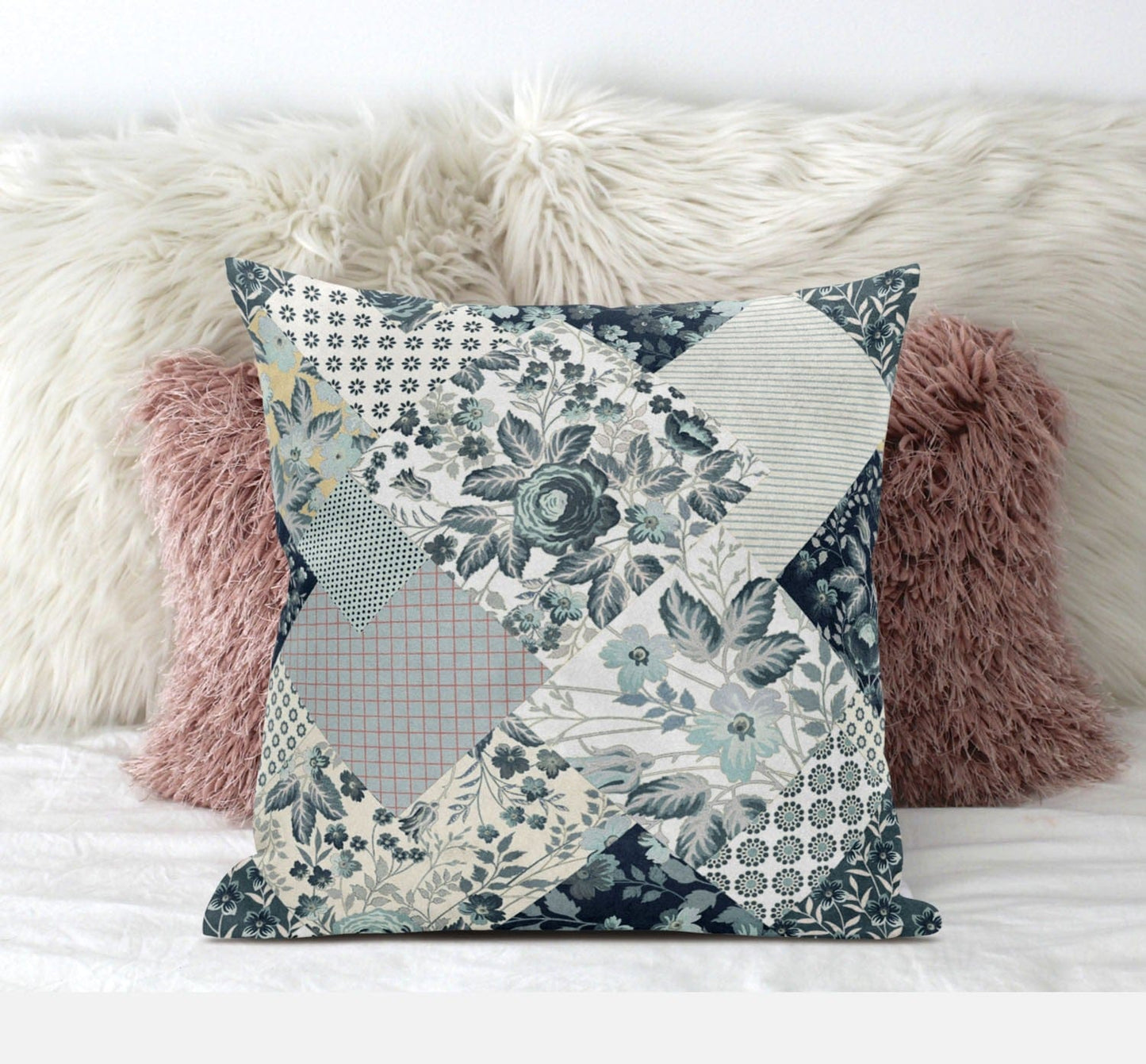 16" Gray White Floral Zippered Suede Throw Pillow