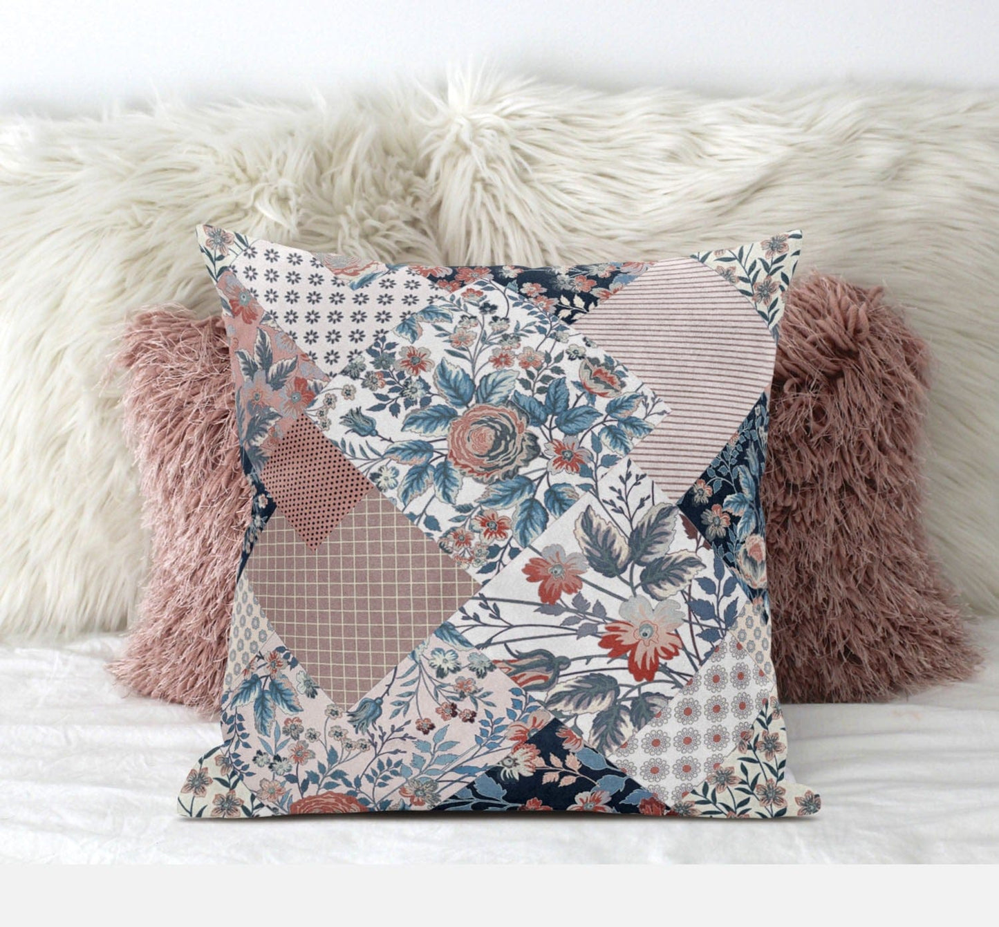 18" White Pink Floral Zippered Suede Throw Pillow