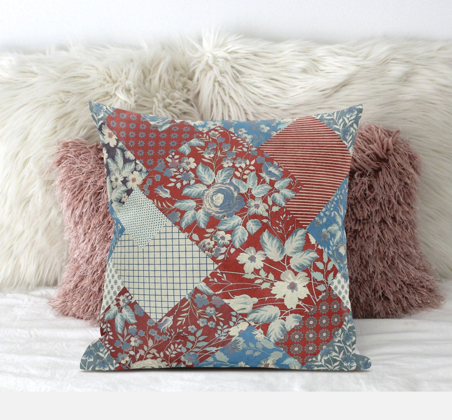 18" Aqua Red Floral Zippered Suede Throw Pillow