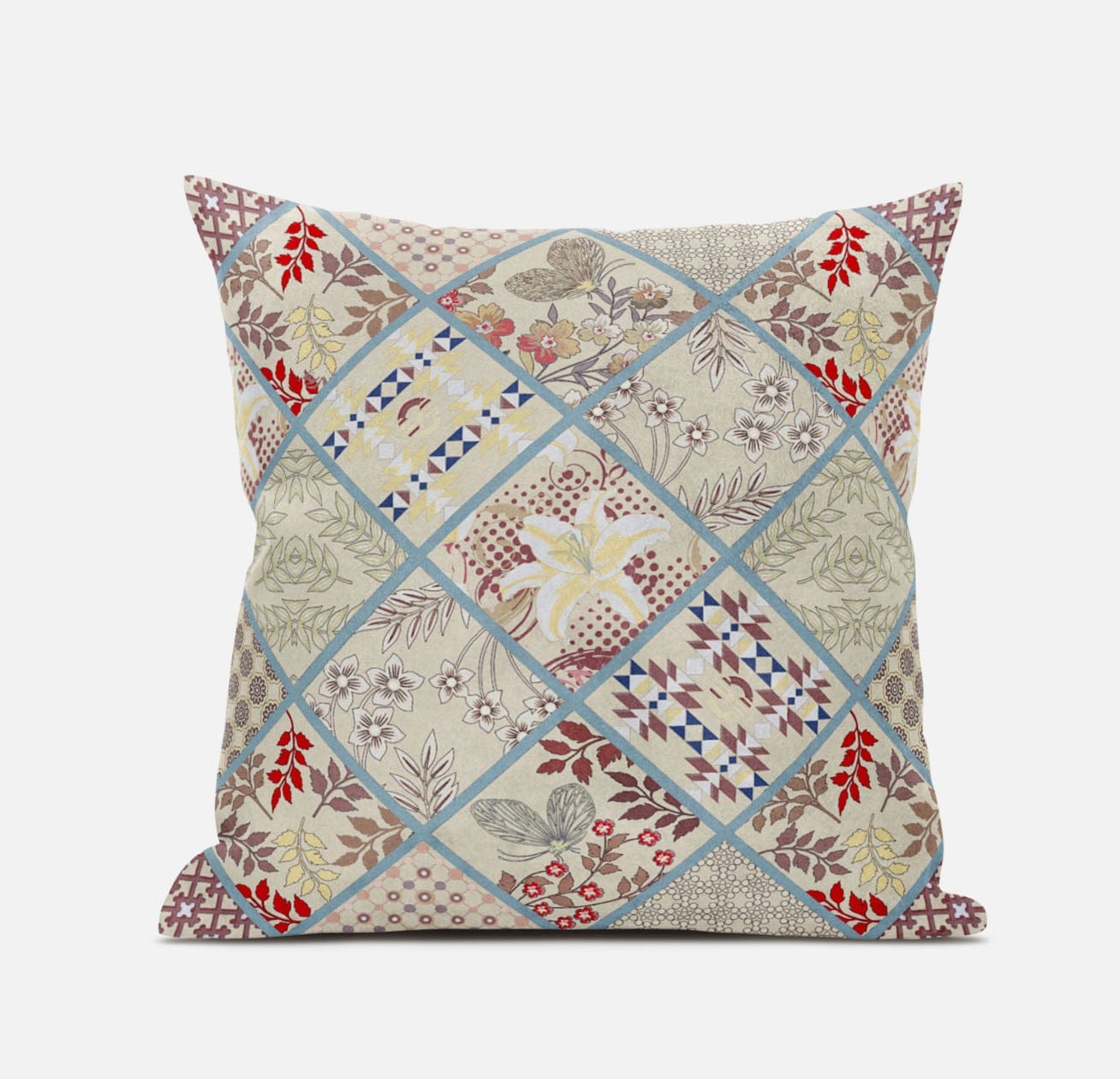 16” Cream Red Patch Suede Zippered Throw Pillow