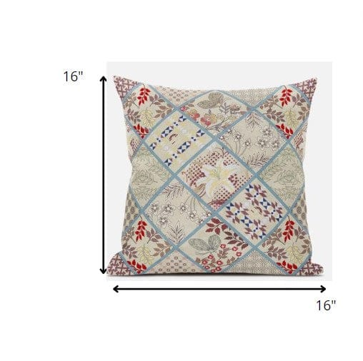 16” Cream Red Patch Suede Zippered Throw Pillow