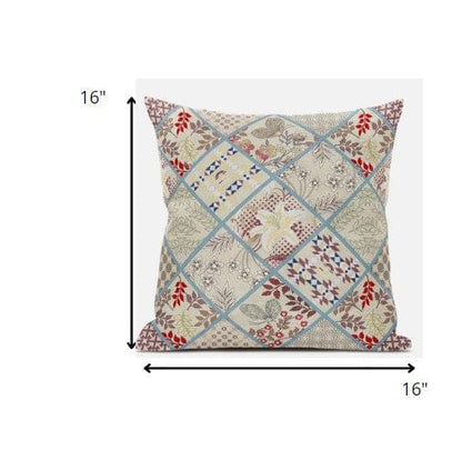 16” Cream Red Patch Suede Zippered Throw Pillow