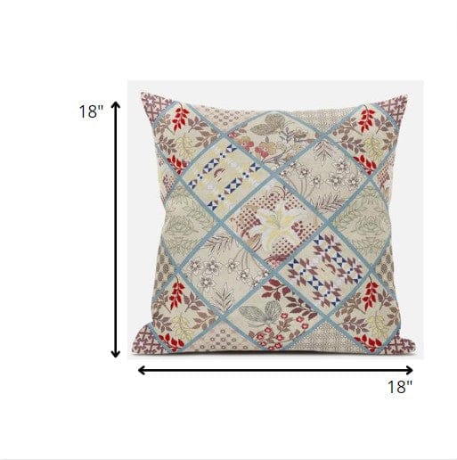 18” Cream Red Patch Suede Zippered Throw Pillow