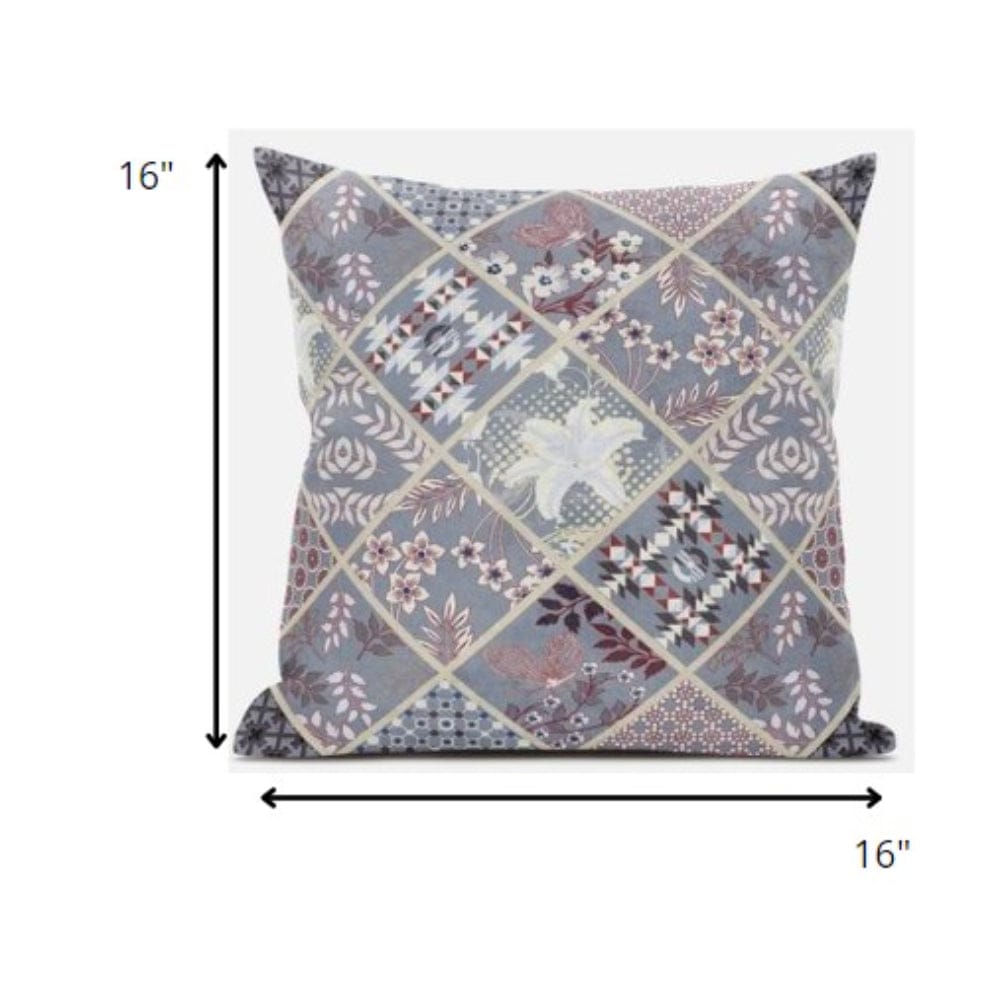 16” Gray Pink Patch Suede Zippered Throw Pillow