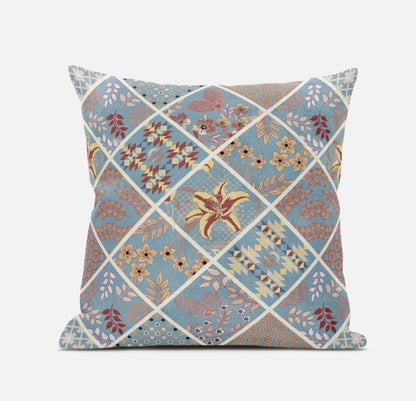 16” Blue Yellow Patch Suede Zippered Throw Pillow