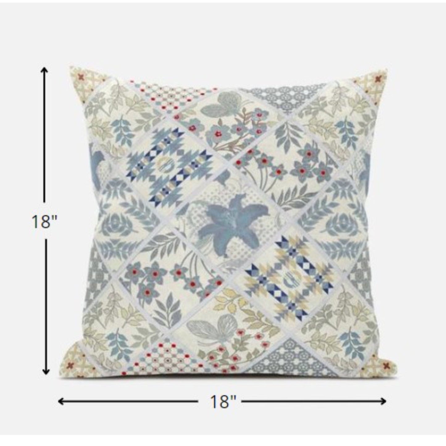 18” White Blue Patch Suede Zippered Throw Pillow