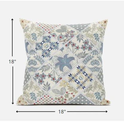 18” White Blue Patch Suede Zippered Throw Pillow