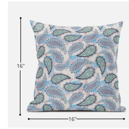 16” Blue Green Boho Paisley Zippered Suede Throw Pillow