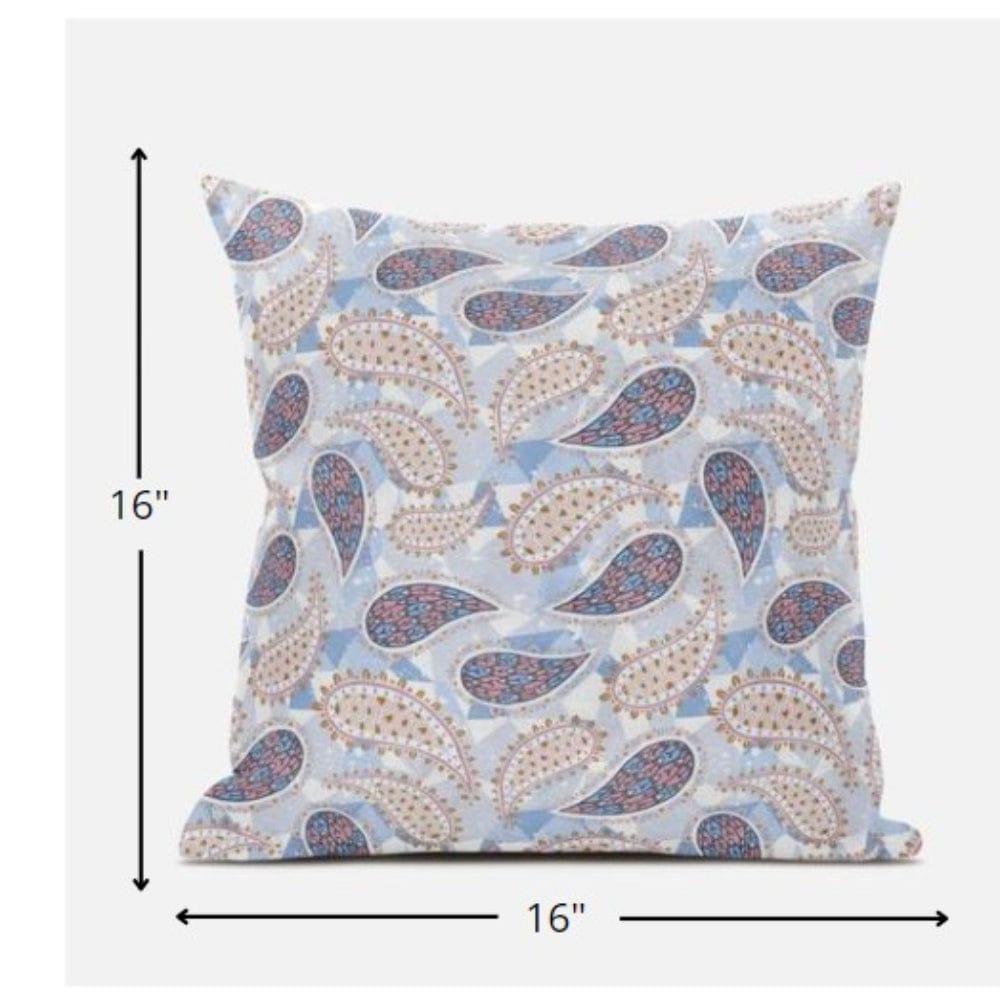 16” Blue Pink Boho Paisley Zippered Suede Throw Pillow