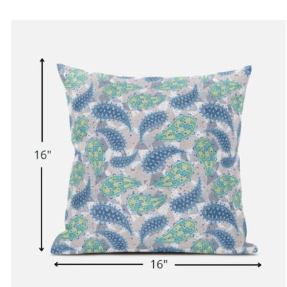 16” Green Indigo Boho Paisley Zippered Suede Throw Pillow