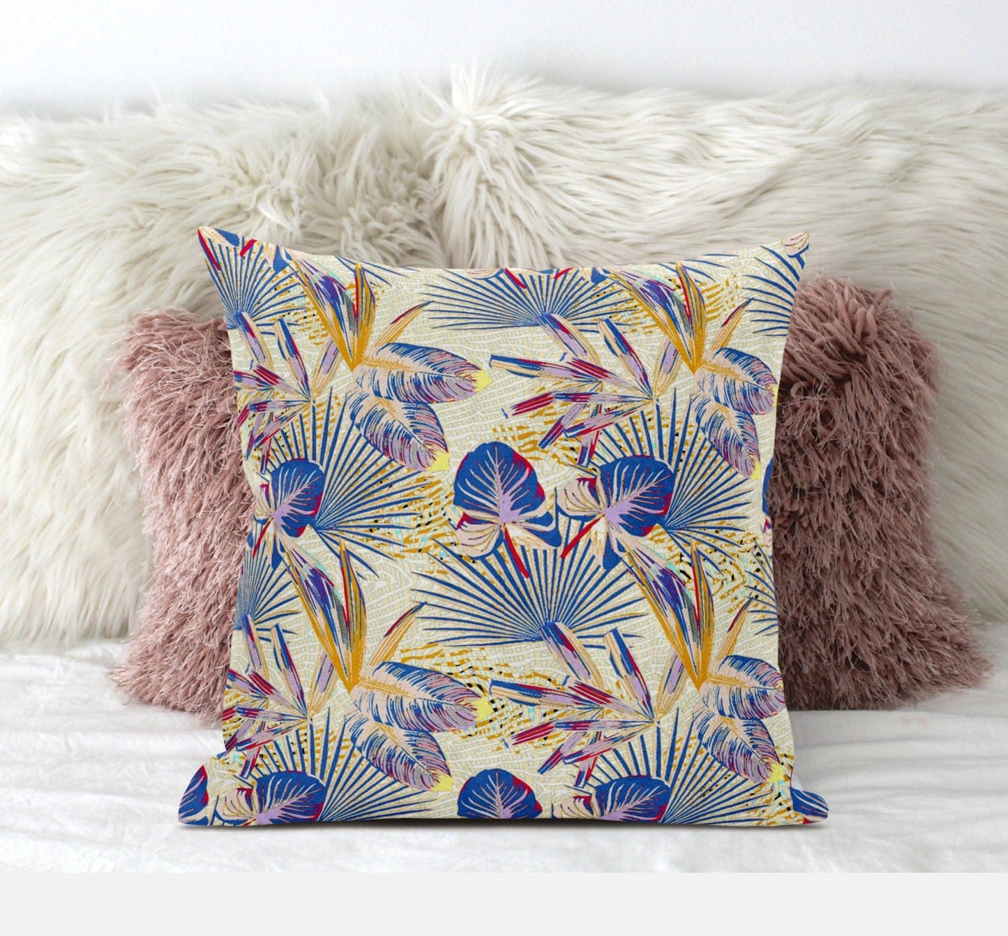 16” Blue Cream Tropical Zippered Suede Throw Pillow