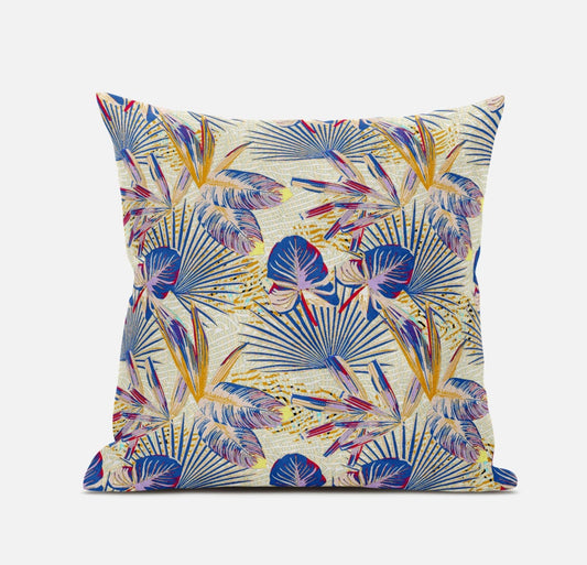 18” Blue Cream Tropical Zippered Suede Throw Pillow