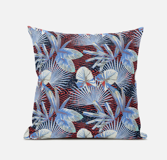 16” Blue Red Tropical Zippered Suede Throw Pillow