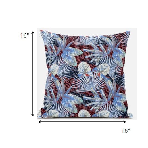 16” Blue Red Tropical Zippered Suede Throw Pillow