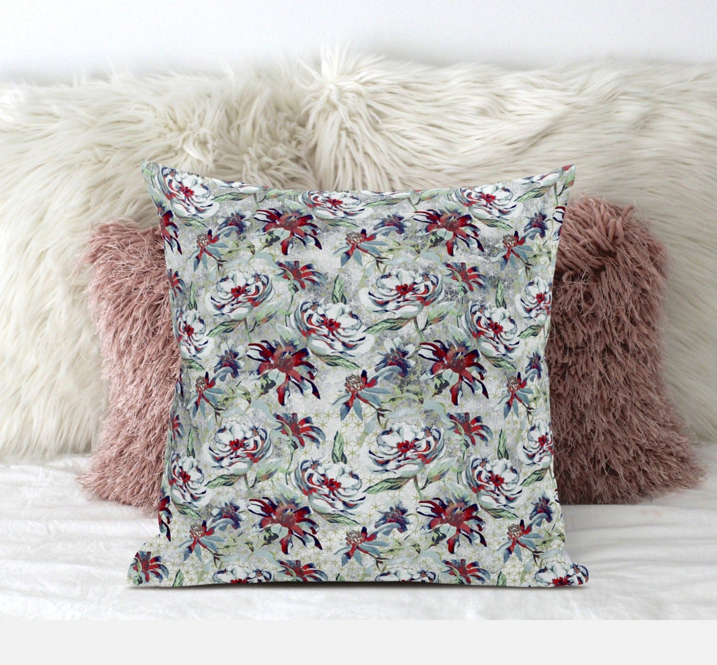 18" Light Green Magenta Roses Zippered Suede Throw Pillow