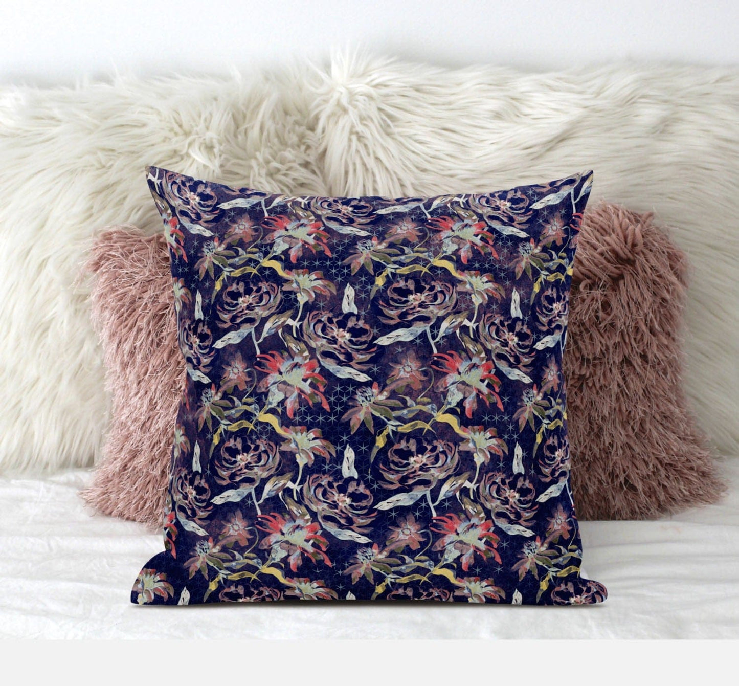 16" Midnight Blue Roses Zippered Suede Throw Pillow