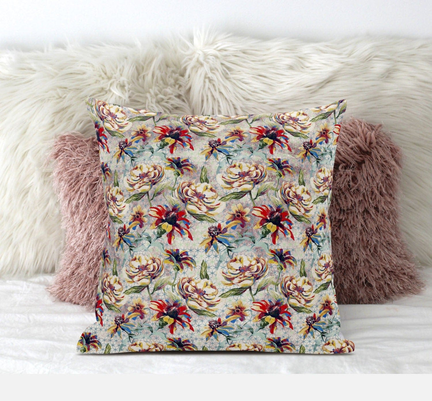 16” Red Yellow Roses Zippered Suede Throw Pillow