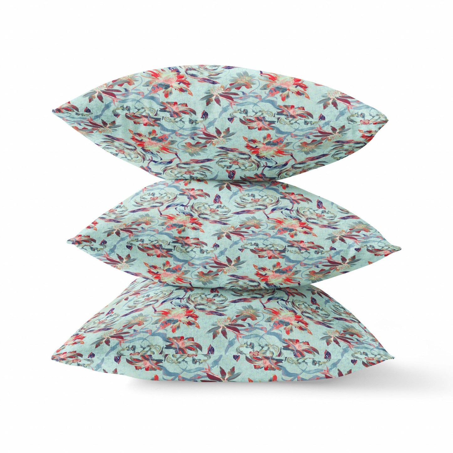 18" Red Aqua Roses Zippered Suede Throw Pillow