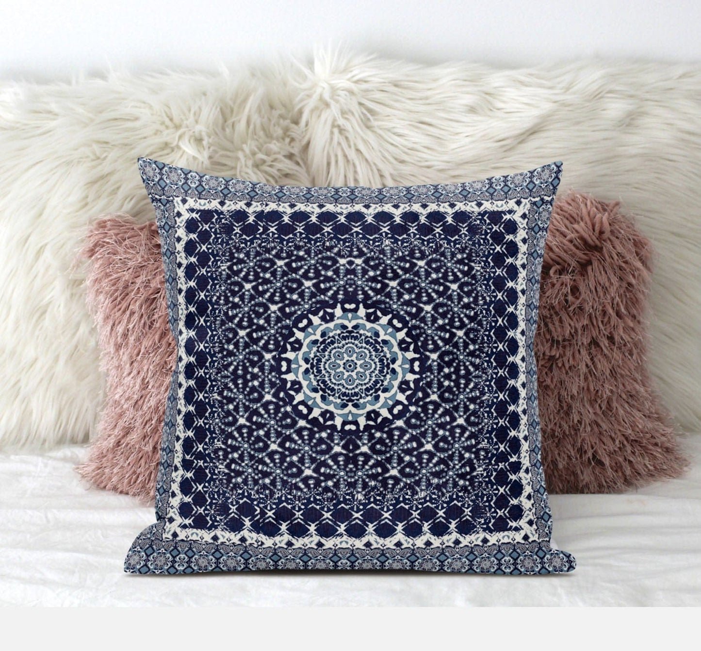 16” Indigo Blue Holy Floral Zippered Suede Throw Pillow