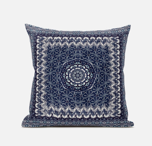 16” Indigo White Holy Floral Zippered Suede Throw Pillow