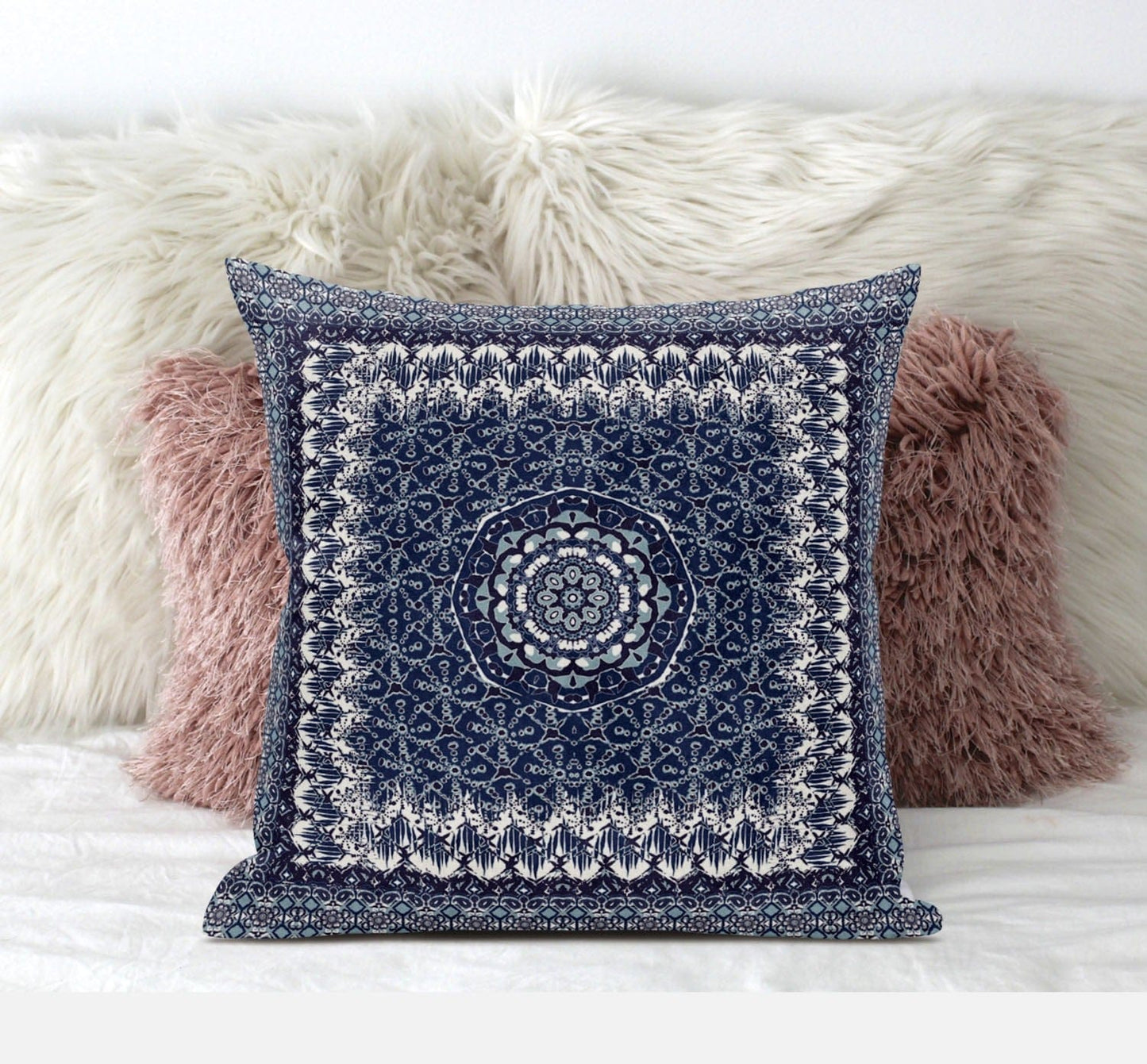 18” Indigo White Holy Floral Zippered Suede Throw Pillow