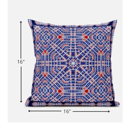 16” Blue Red Geostar Zippered Suede Throw Pillow