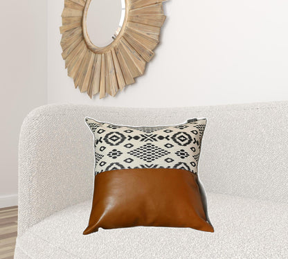 20" X 20" Brown Geometric Zippered Handmade Faux Leather Throw Pillow