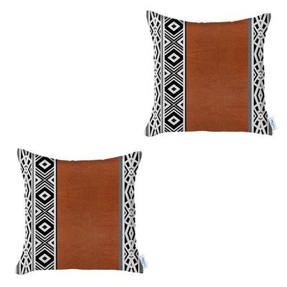 Set Of Two 17" X 17" Brown Geometric Zippered Handmade Faux Leather Throw Pillow Cover