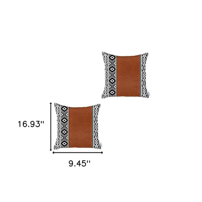 Set Of Two 17" X 17" Brown Geometric Zippered Handmade Faux Leather Throw Pillow Cover