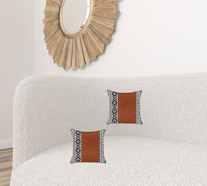 Set Of Two 18" X 18" Brown Geometric Zippered Handmade Faux Leather Throw Pillow