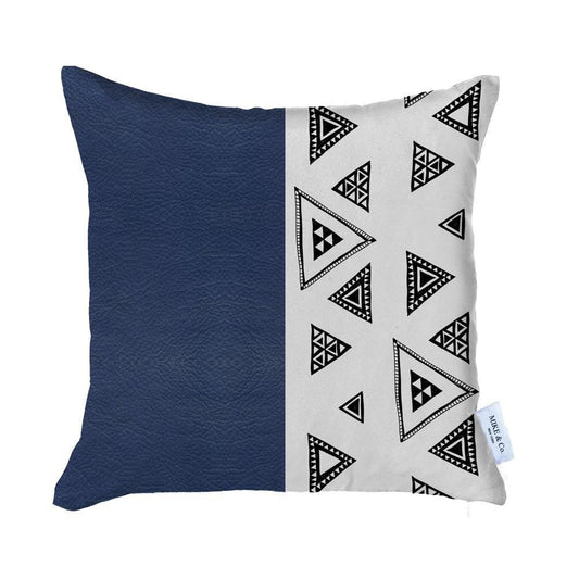 17" X 17" Navy Blue Geometric Zippered Handmade Faux Leather Throw Pillow Cover