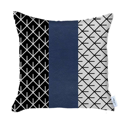 17" X 17" Navy Blue Geometric Zippered Handmade Faux Leather Throw Pillow Cover