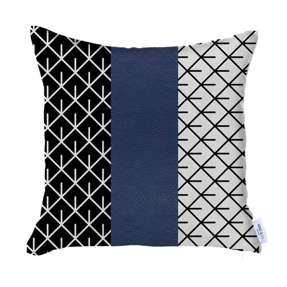 20" X 20" Navy Blue Geometric Zippered Handmade Faux Leather Throw Pillow Cover