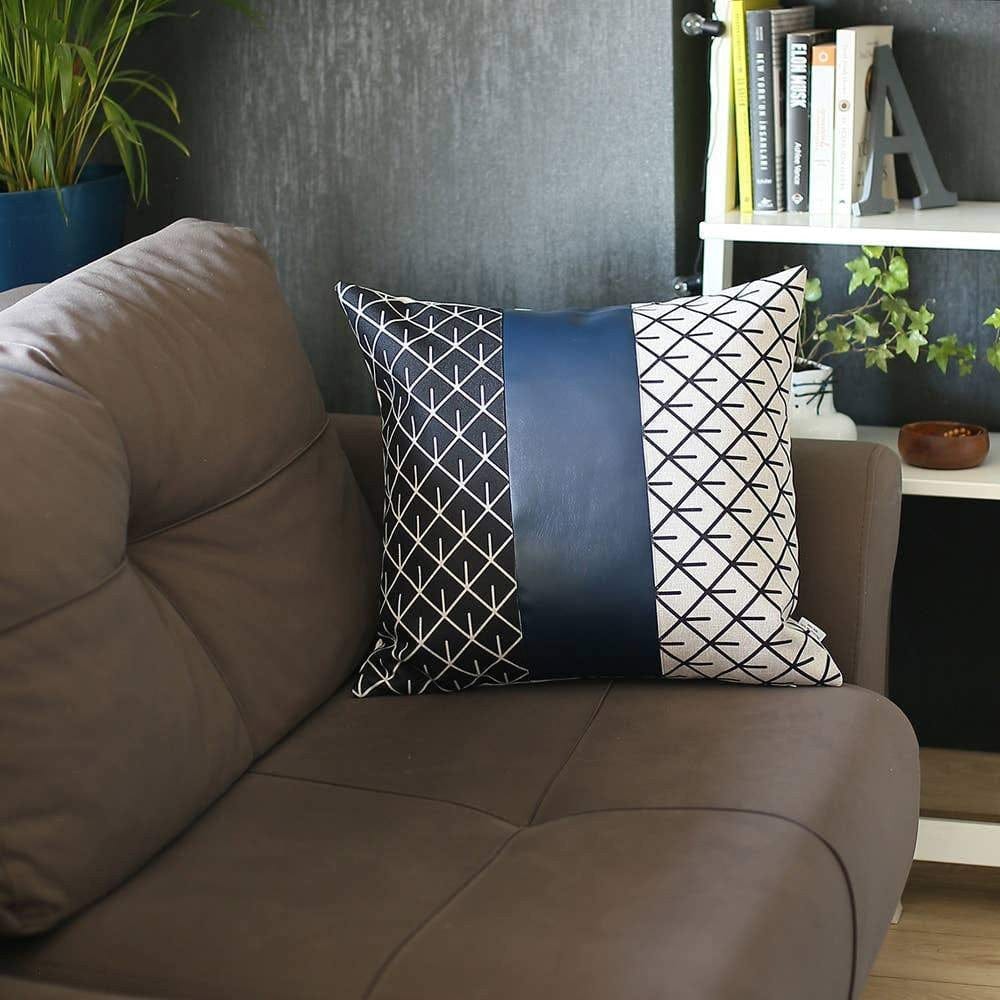 20" X 20" Navy Blue Geometric Zippered Handmade Faux Leather Throw Pillow Cover