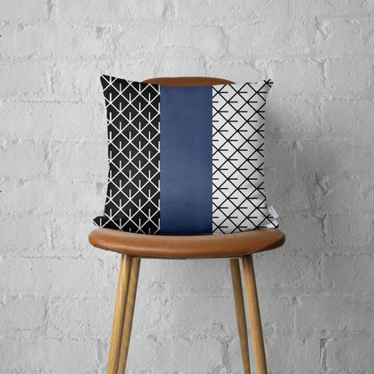 20" X 20" Navy Blue Geometric Zippered Handmade Faux Leather Throw Pillow Cover