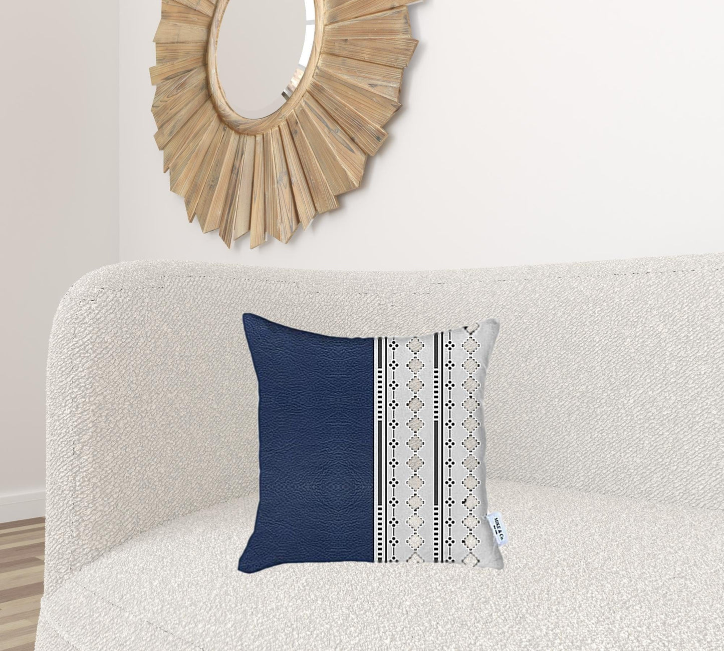 17" X 17" Navy Blue And White Diamond Zippered Handmade Faux Leather Throw Pillow