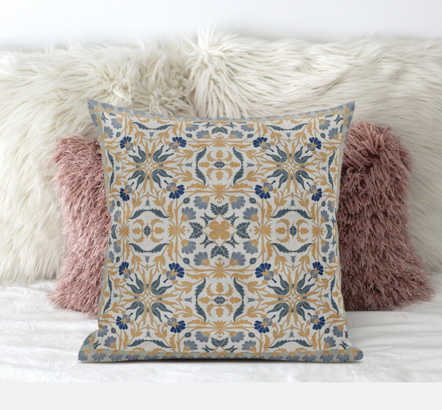 16" X 16" Muted Green Peach Paisley Blown Seam Suede Throw Pillow