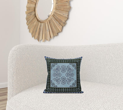 16" X 16" Dark Green Light Blue Geometric Blown Seam Suede Throw Pillow