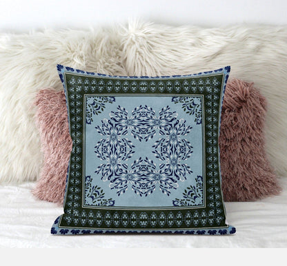 20" X 20" Dark Green Light Blue Geometric Blown Seam Suede Throw Pillow
