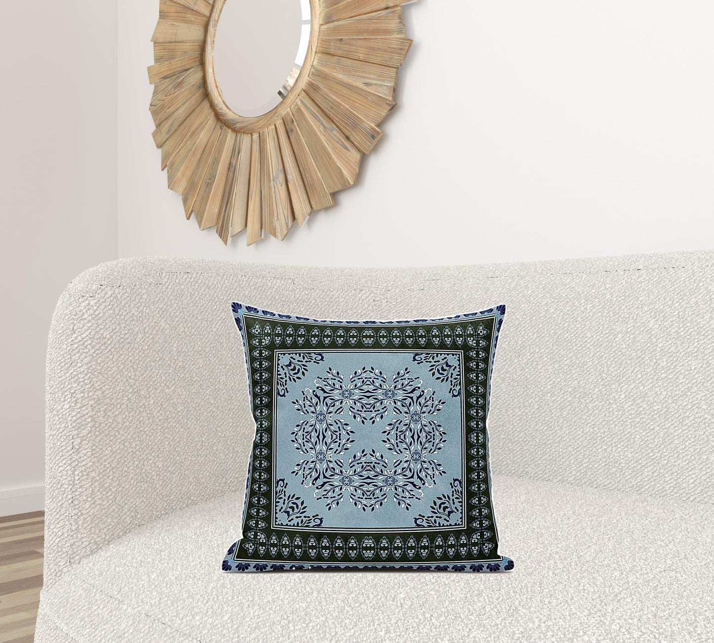 20" X 20" Dark Green Light Blue Geometric Blown Seam Suede Throw Pillow