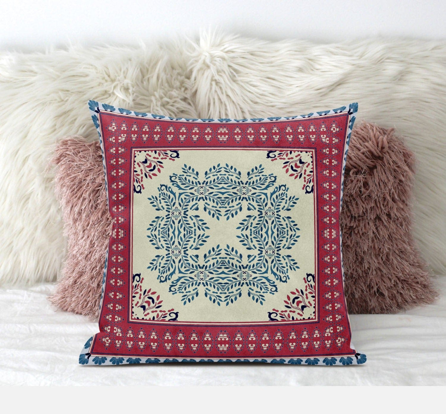 18" X 18" Red Yellow Geometric Blown Seam Suede Throw Pillow