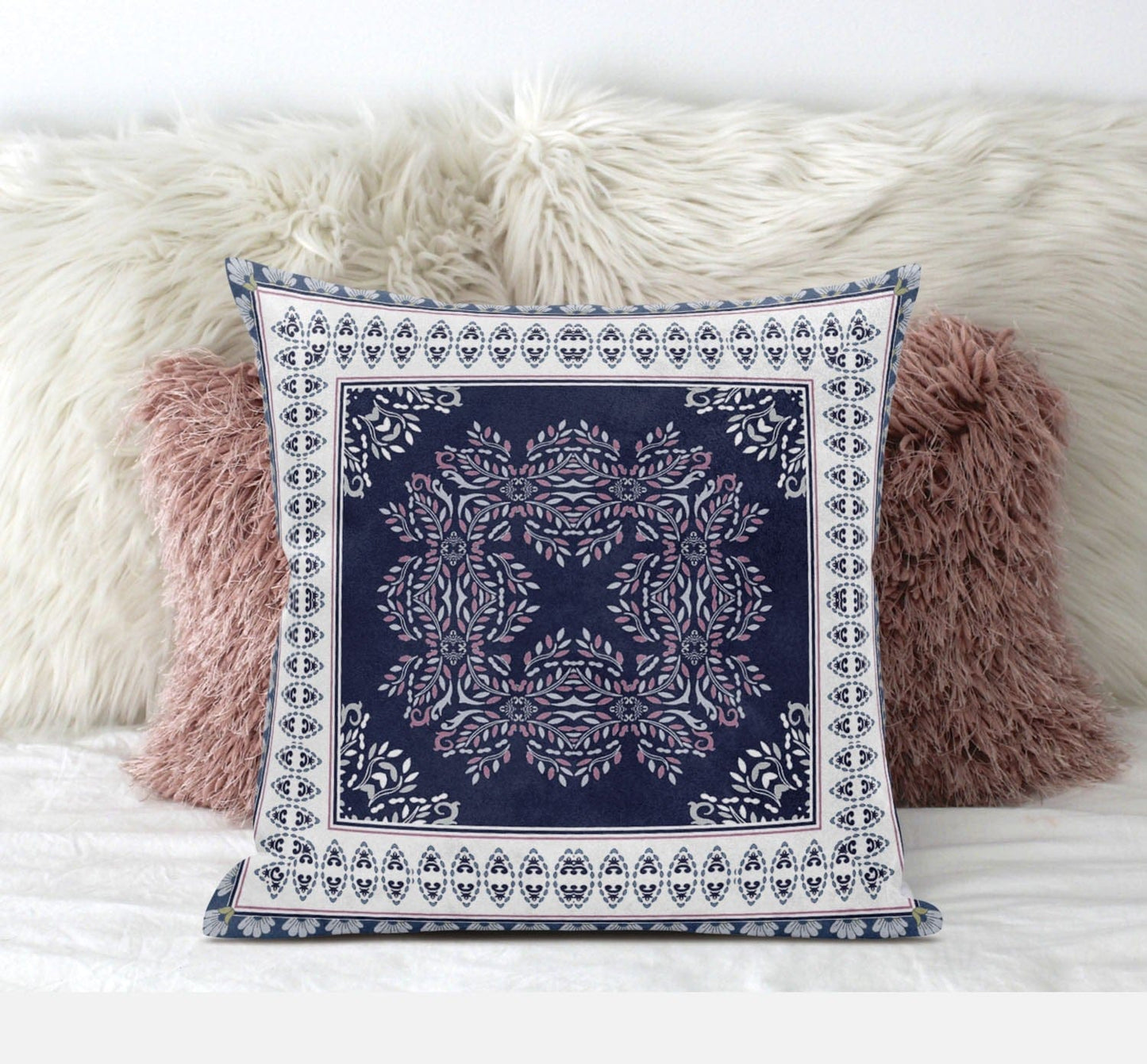 16" X 16" Blue Pink White Geometric Blown Seam Suede Throw Pillow
