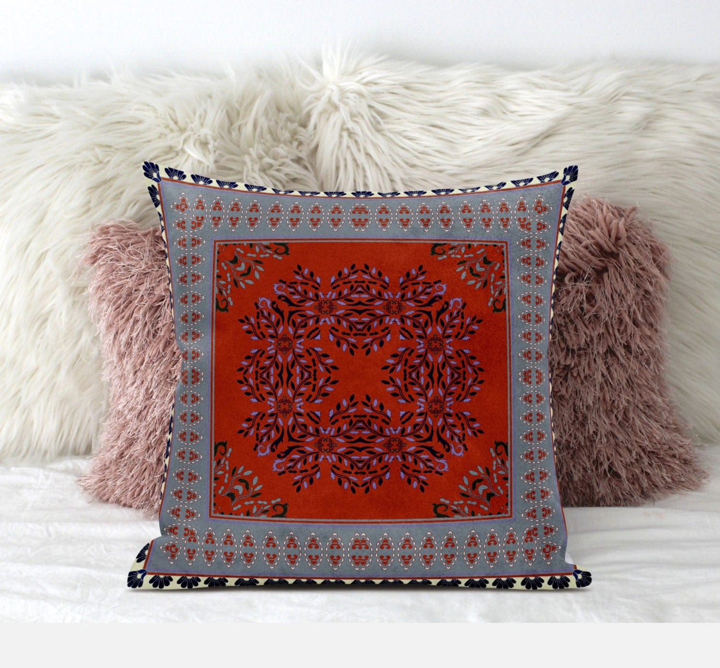 20" X 20" Red Gray Geometric Blown Seam Suede Throw Pillow