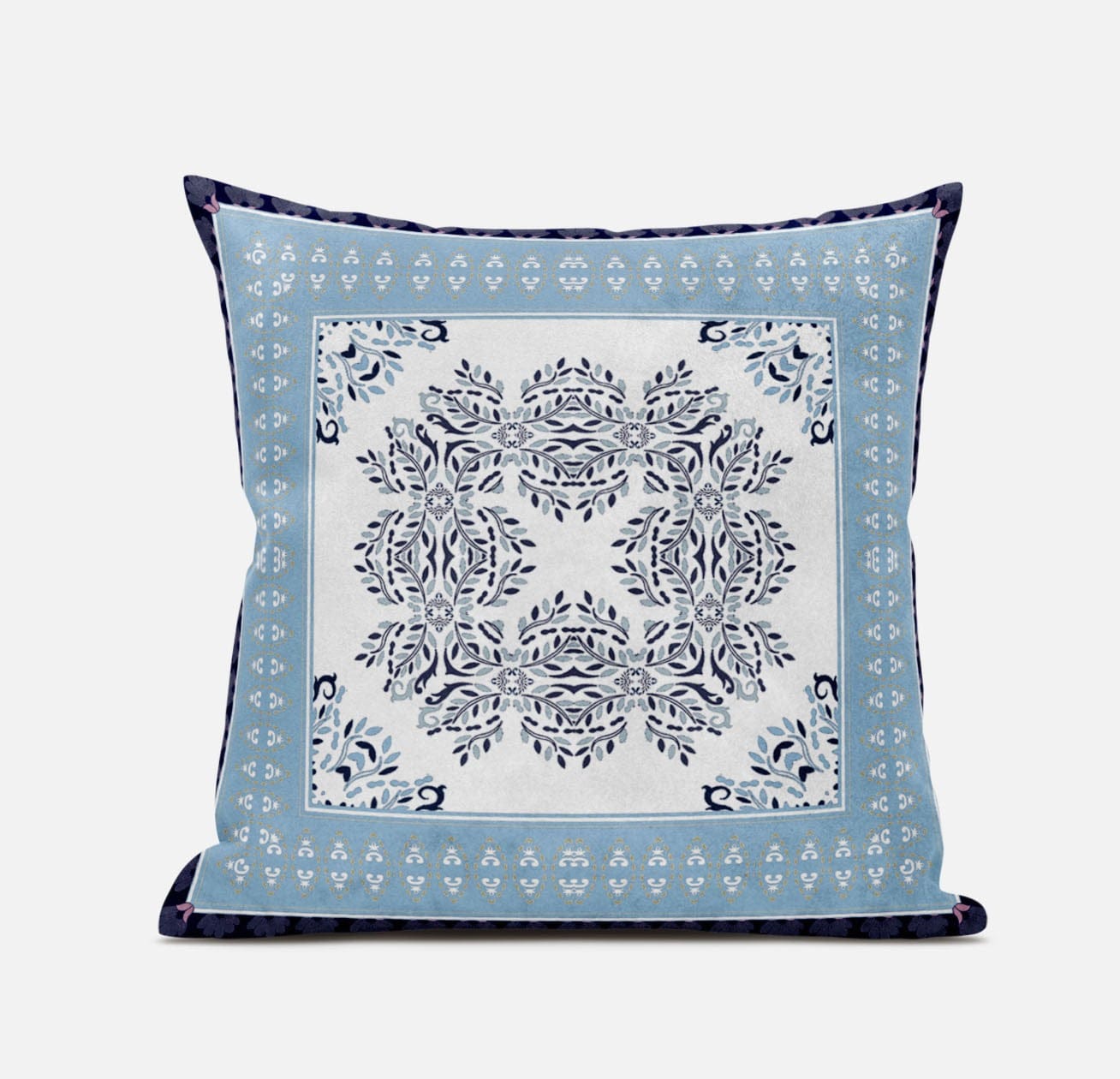18" X 18" Light Blue White Geometric Blown Seam Suede Throw Pillow