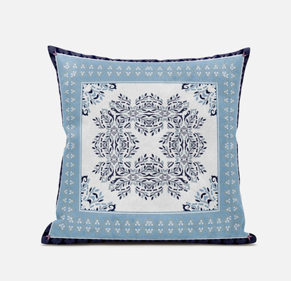 18" X 18" Light Blue White Geometric Blown Seam Suede Throw Pillow