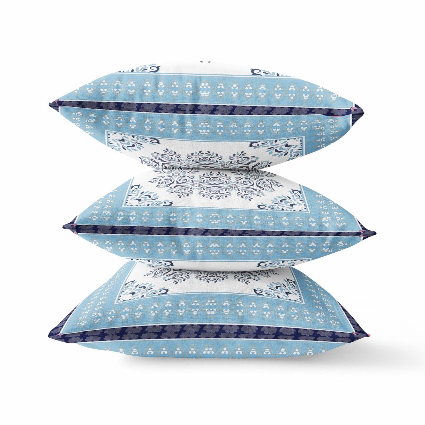 18" X 18" Light Blue White Geometric Blown Seam Suede Throw Pillow