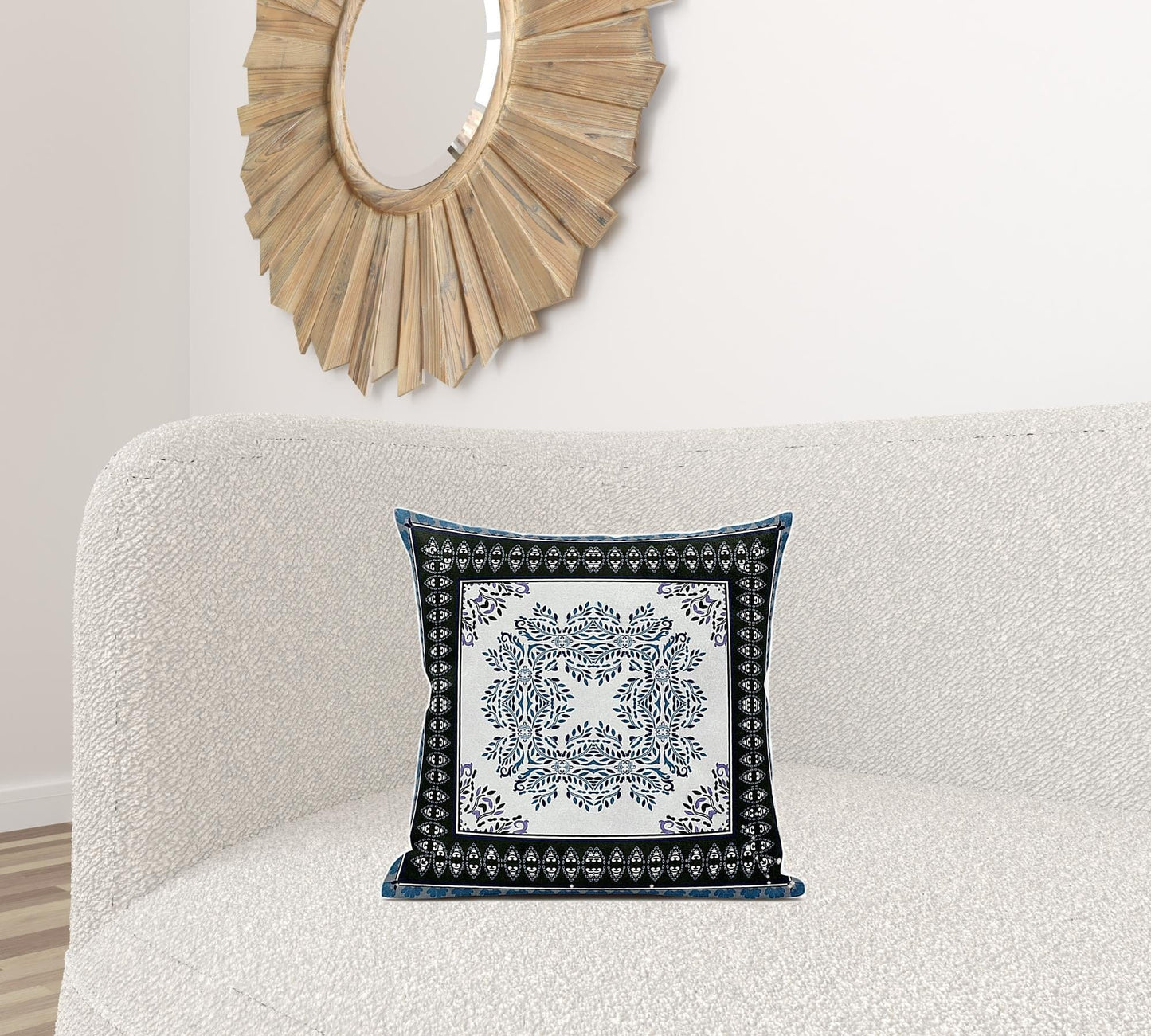 18" X 18" Black Ivory Blue Geometric Blown Seam Suede Throw Pillow